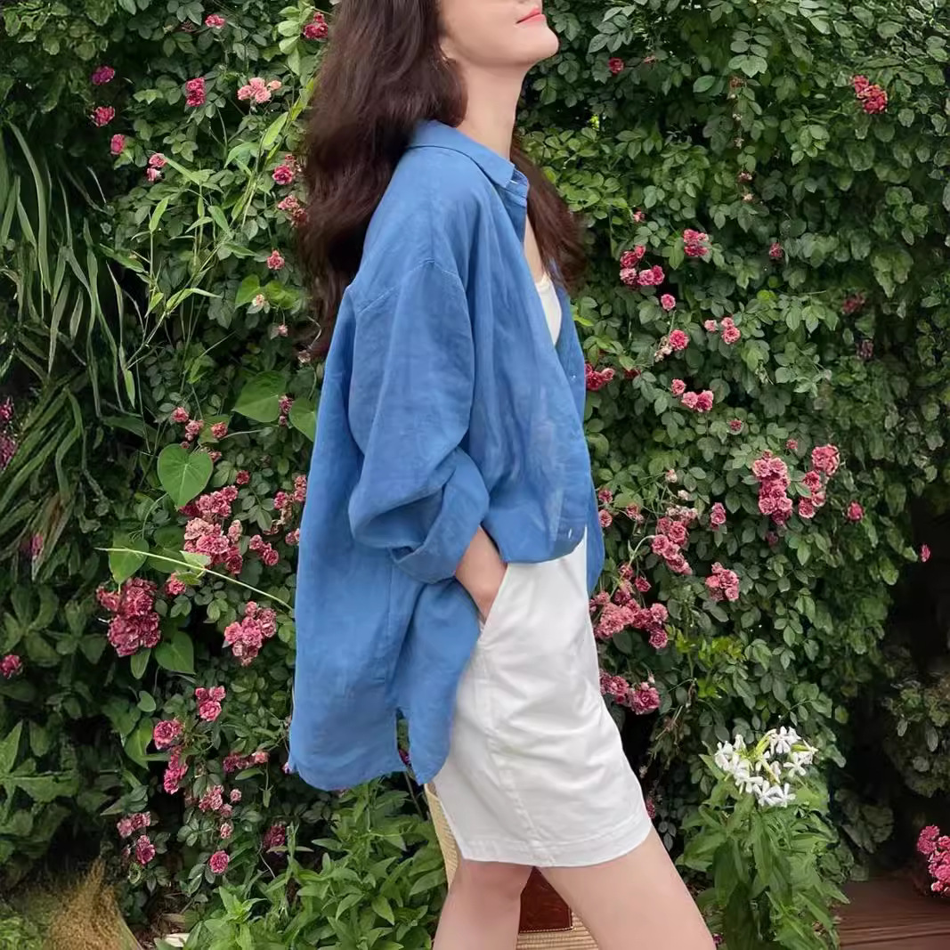 MANMANS法式松弛感衬衫 薄苎麻宽松防晒衬衣尼斯蓝色衬衣棉麻女