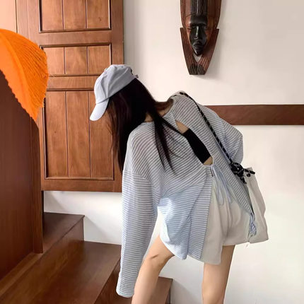 小心机露背绑带蓝色条纹长袖t恤女夏薄款宽松上衣慵懒风防晒罩衫