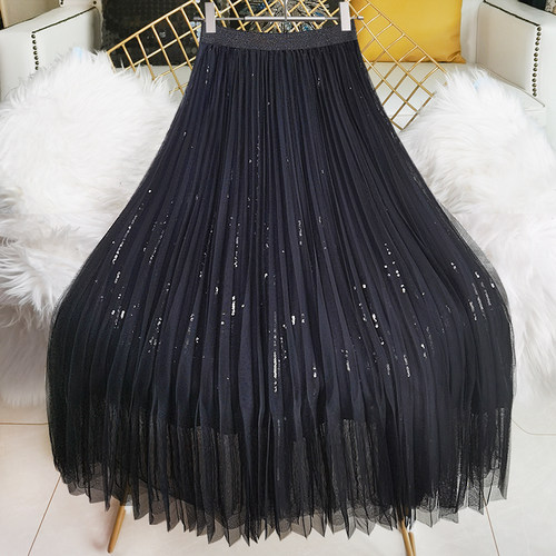黑色亮片网纱百褶半身长裙