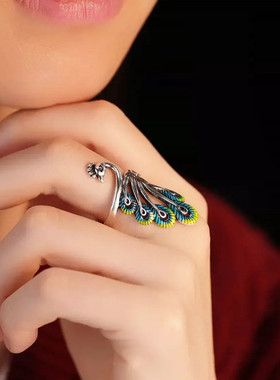 复古珐琅彩凤凰戒指女