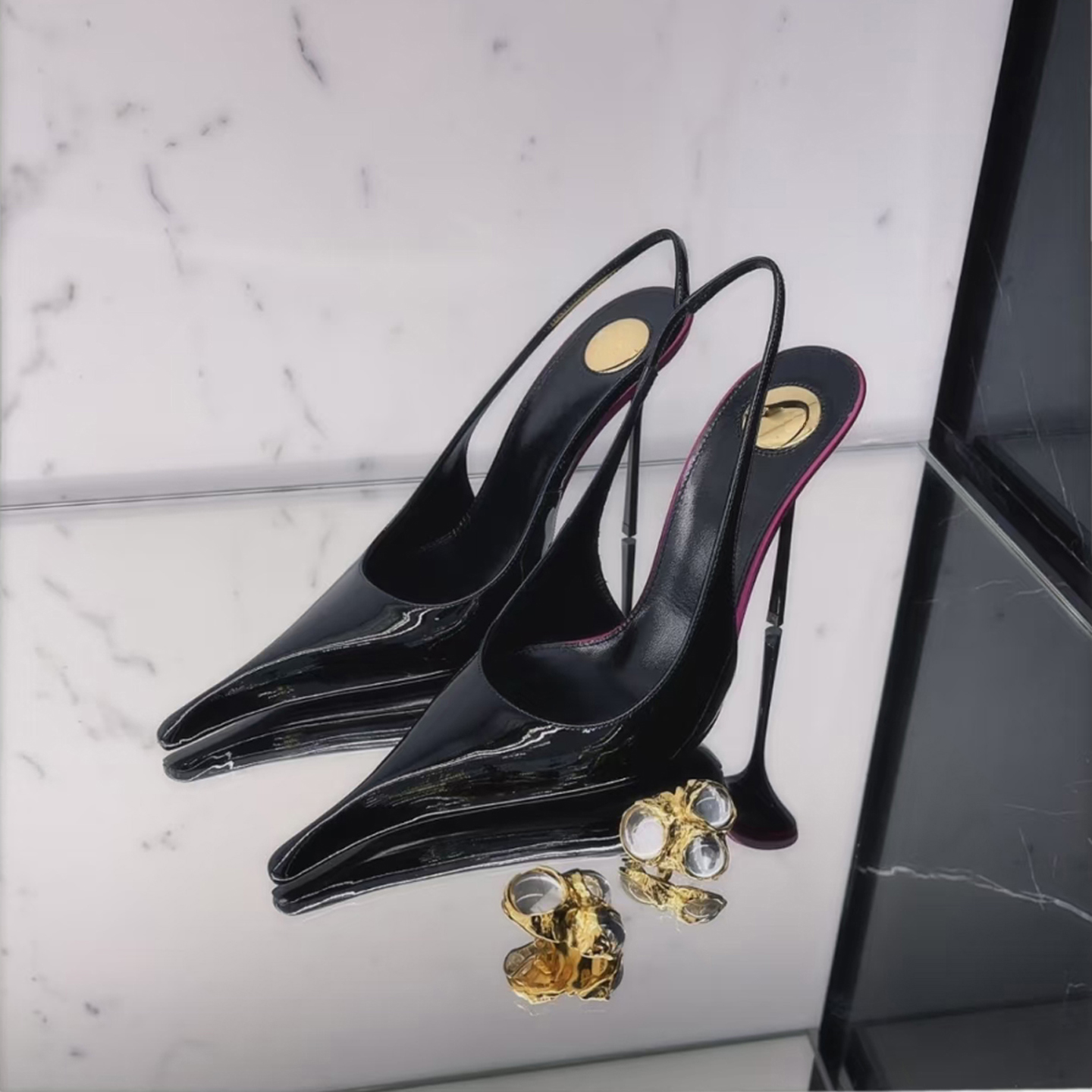 御姐尖头超高跟拼色浅口后空凉鞋