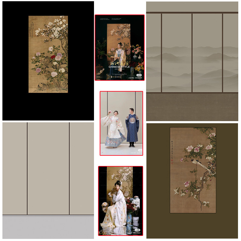 古装汉服拍照背景布工笔画中式婚纱照摄影背景中国风工笔画花鸟图