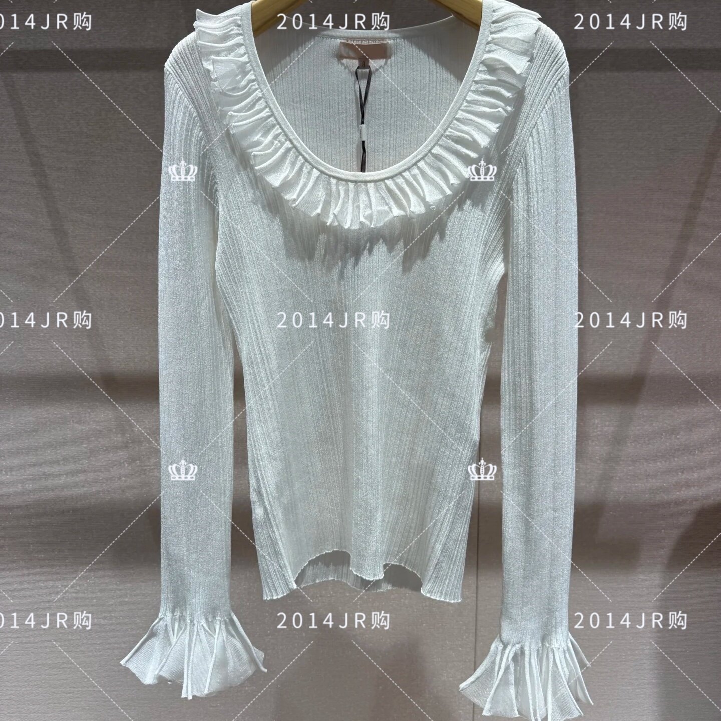 专柜正品JR2025秋新款紧身荷叶边U领喇叭袖针织衫上衣女XRJ4S12D