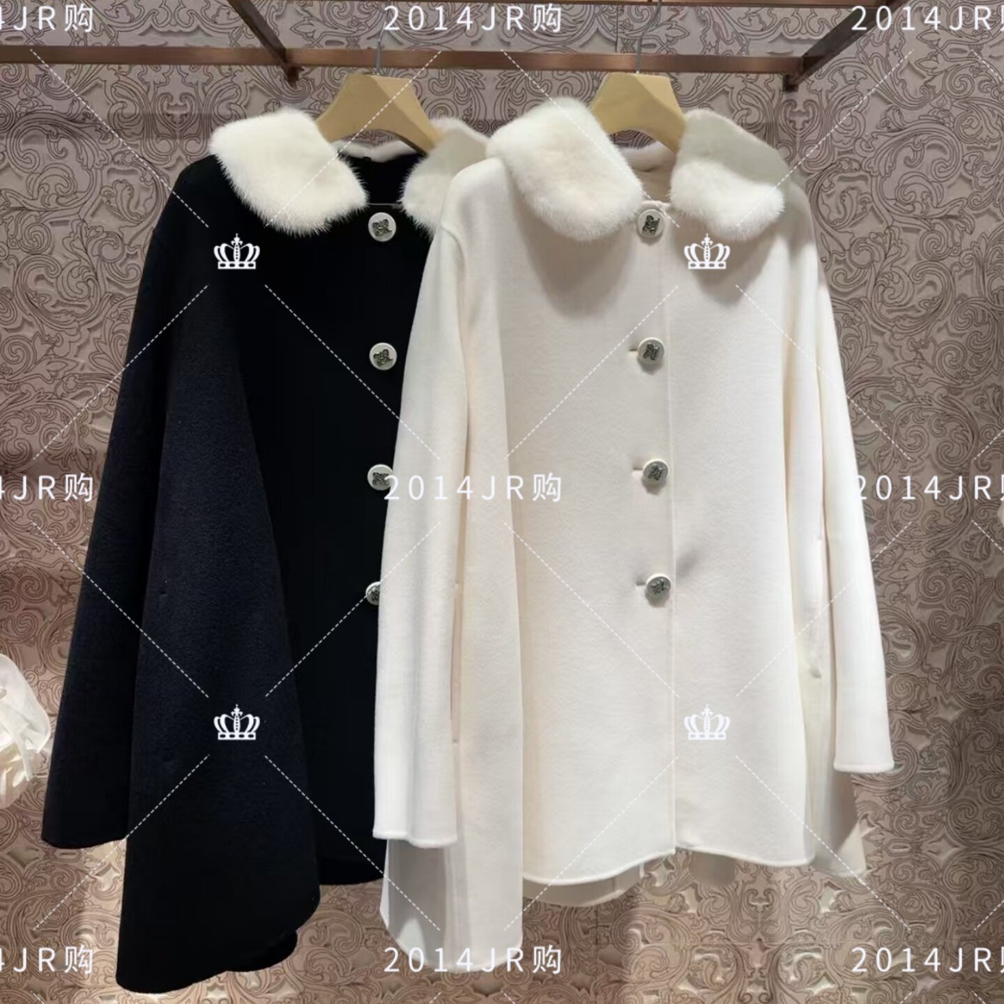 专柜正品JR2025冬季新款优雅水貂毛领拼接斗篷羊毛呢外套女7D08