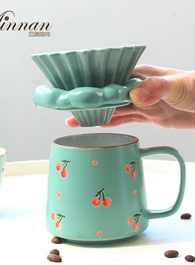 Minnan皿喃手绘青绿系列高颜值手冲折纸滤杯云间滤托咖啡杯套装