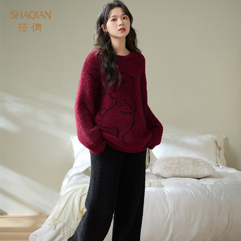 莎倩半边绒睡衣女秋冬季2025新款加厚珊瑚绒家居服红色兔子套装