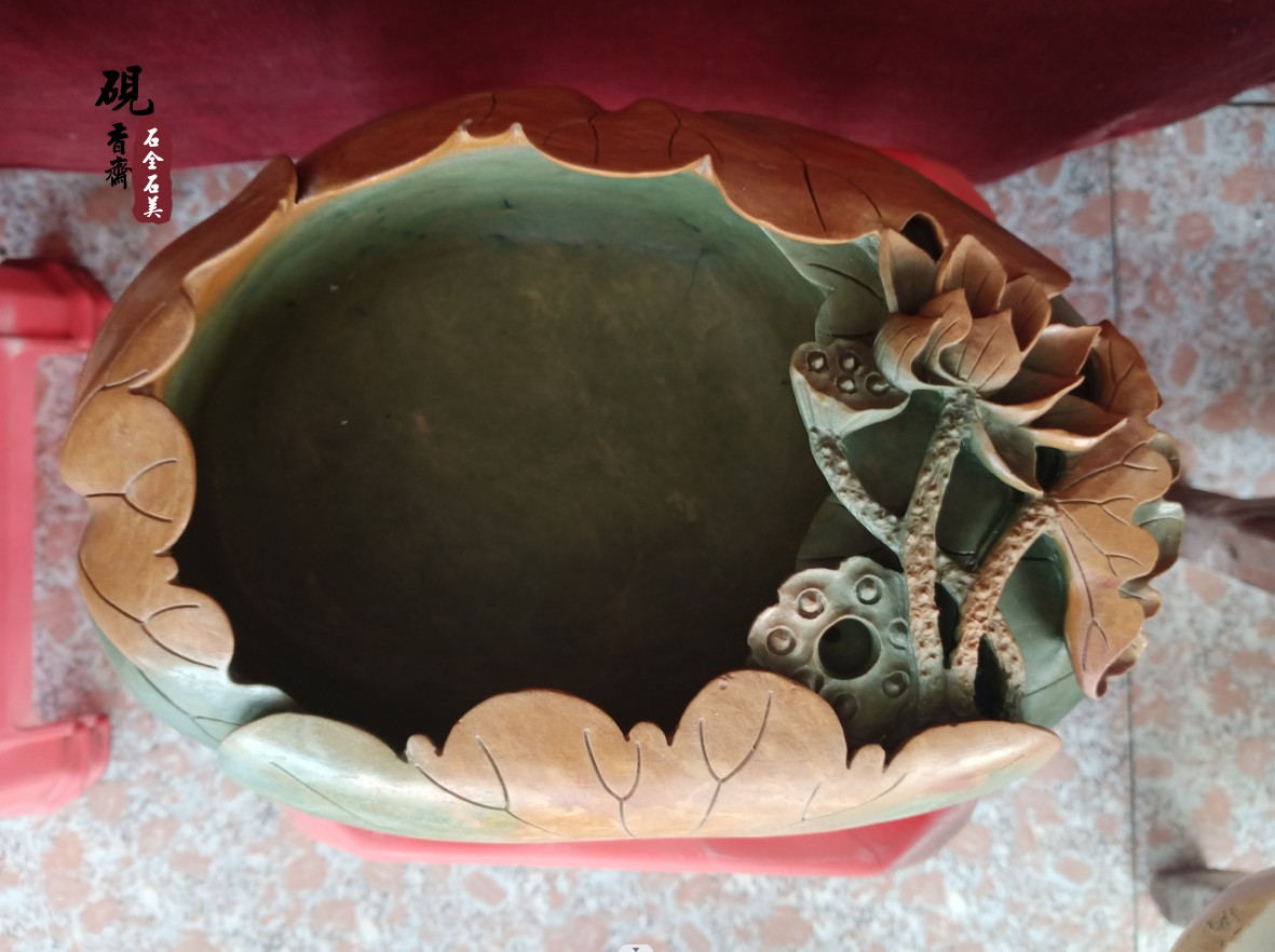 端砚石头鱼缸石头雕刻工艺品笔洗可养鱼观赏养多肉盆栽盆景易州砚