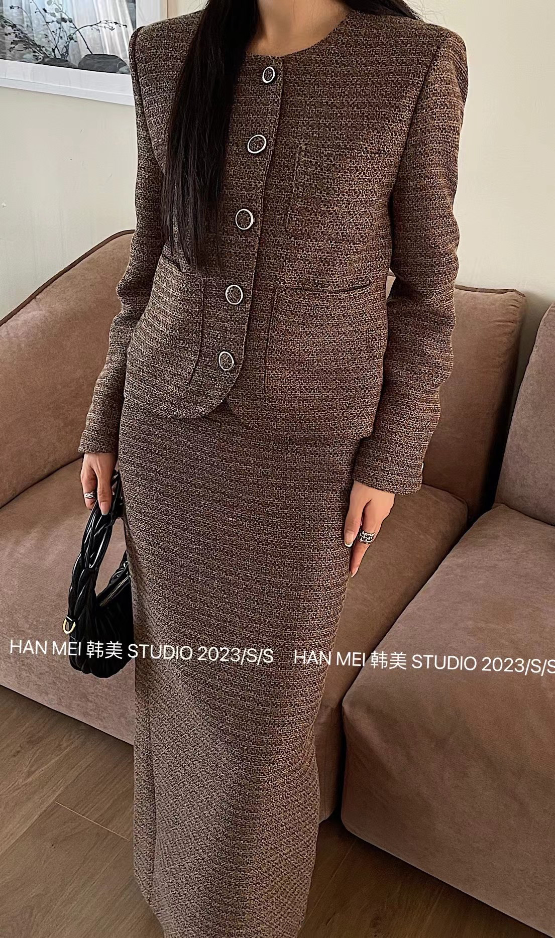 韩美HM小香风时尚套装女2025新款端庄大气洋气高贵半身裙两件套