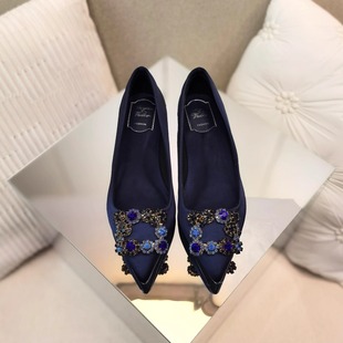 欧美法式R皇室风奢华重工尖头水晶钻方扣丝绸缎平底高跟婚鞋单鞋