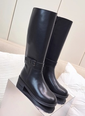 欧美ANN暗黑风牛皮方扣矮跟两穿可拆卸高筒长筒机车靴长靴骑士靴