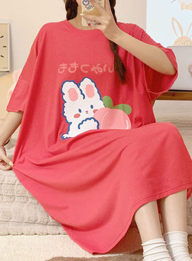 加大码睡衣女夏200斤学生卡通兔子本命年红色纯棉睡裙可外穿孕妇