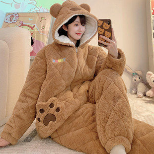 珊瑚绒三层夹棉袄睡衣女冬季加厚加绒大码200斤可外穿宽松家居服