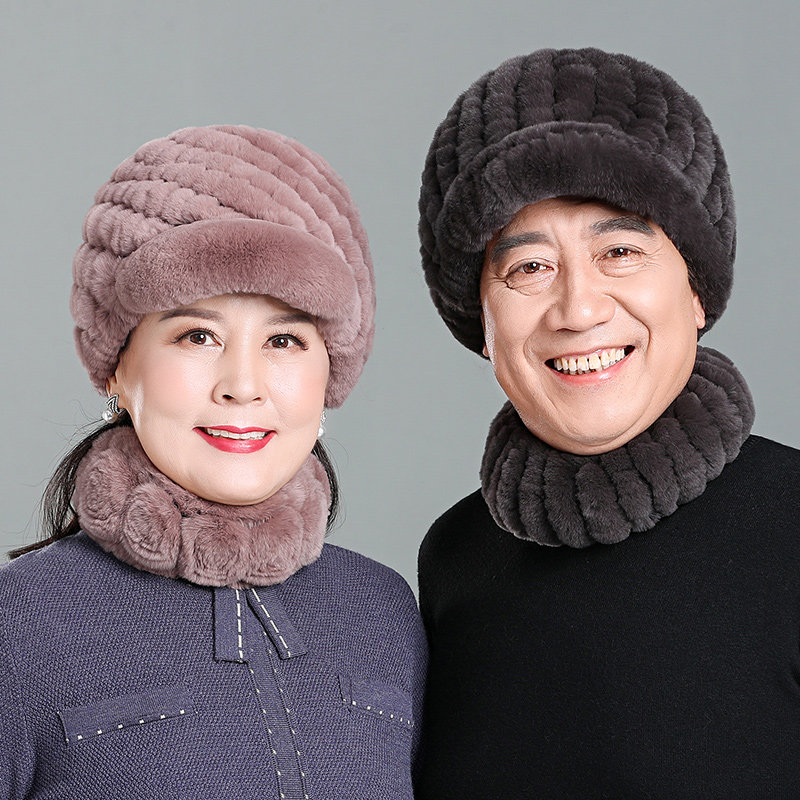 獭兔毛编织皮草帽子女冬季中老年人加厚保暖男士鸭舌帽爸爸妈妈帽