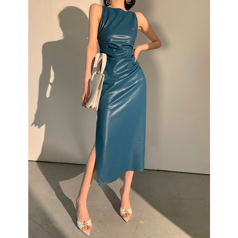 WANGXO蓝色无袖背心连衣裙女夏季2023新款设计感收腰中长PU皮裙子