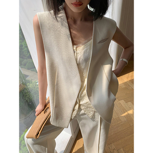 WANGXO杏色两件套装女夏季2023新款无袖马甲上衣高腰阔腿西装裤子