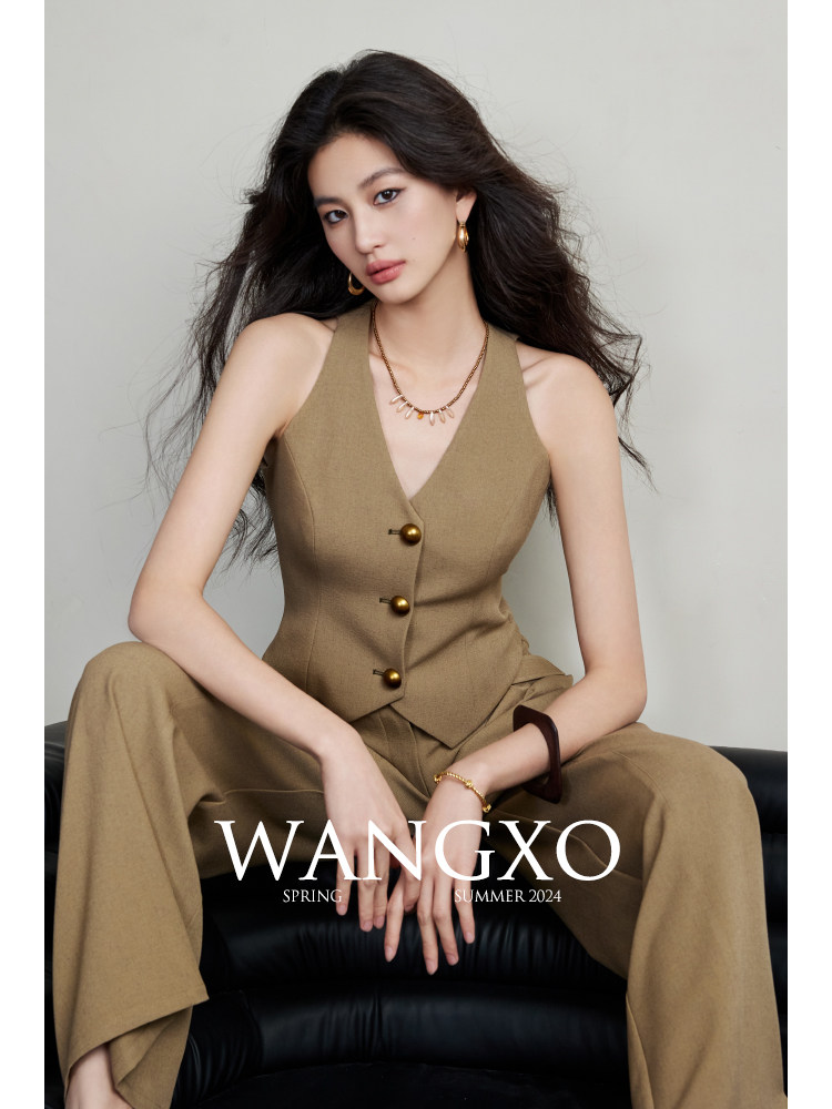 WANGXO | 패셔너블한 지적인 스타일 | 브이넥 웨이스트 베스트 & 벨트 달린 하이웨이스트 와이드팬츠 투피스