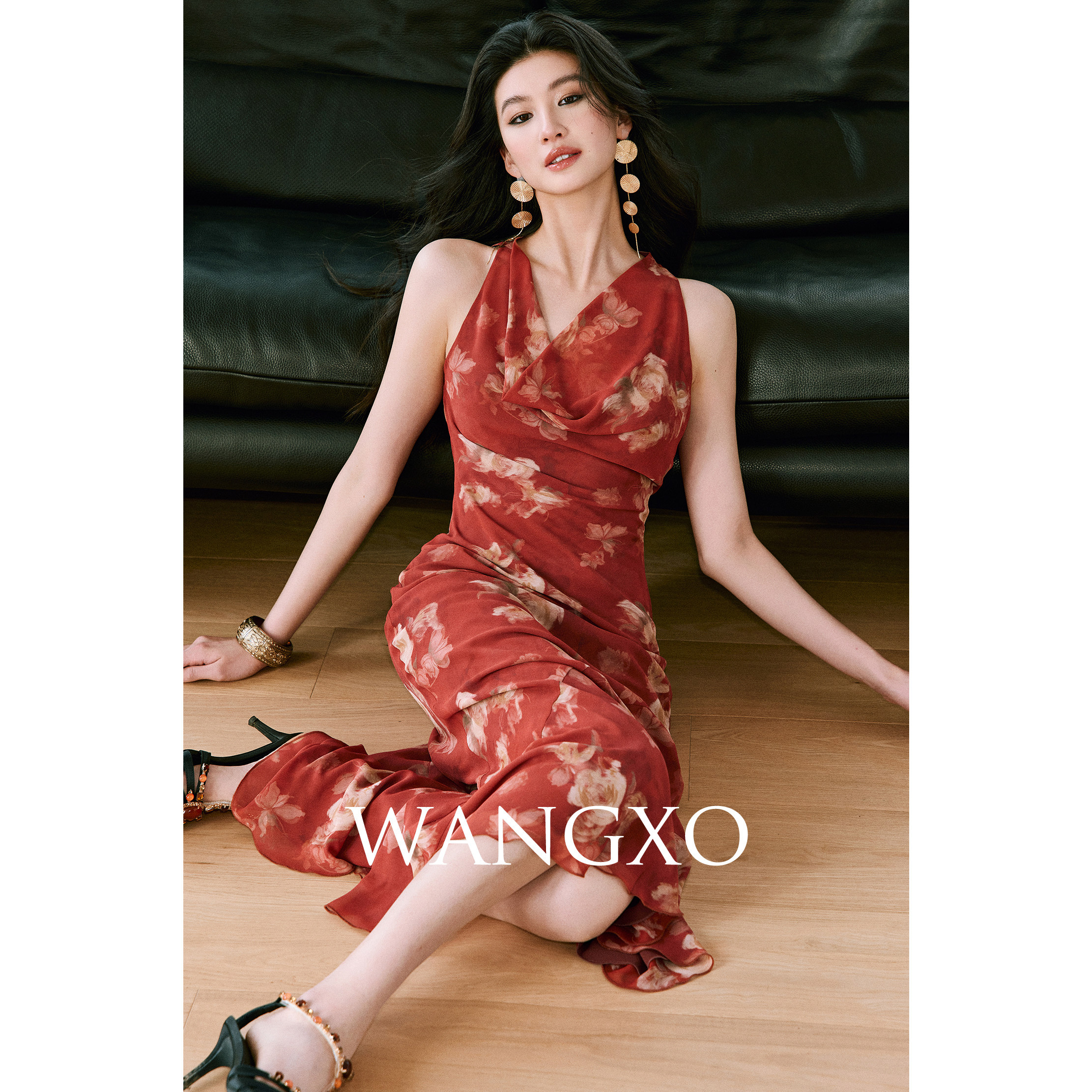 WANGXO | 印花乔其纱 | 法式优雅荡领削肩鱼尾摆无袖长款连衣裙