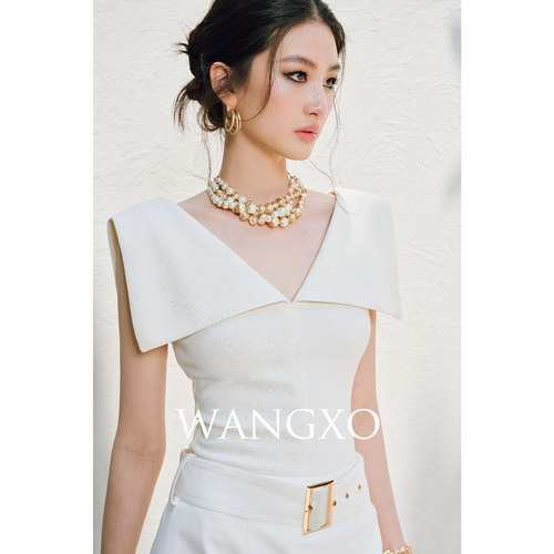 WANGXO｜细闪撒银高弹乱麻针织｜层次感搭片V领优雅气质修身上衣
