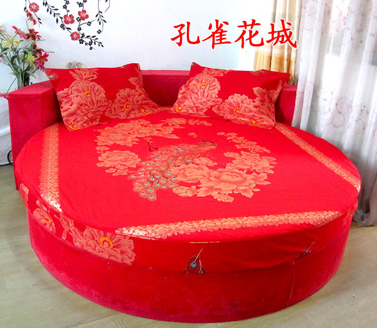 BIG RED PEACOCK FLOWER CITY ROUND BED FOUR-PIECE WEDDING BEDDING ROUND BED SKIRT WEDDING QUILT COVER BEDSPREAD COTTON CUSTOM