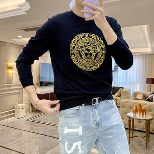 新款 轻奢潮牌长袖 2025秋季 打底衫 潮 青年美杜莎刺绣卫衣男圆领修身