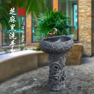 洗手台盆一体落地式石头洗脸盆盘阳台中式户艺术石材外立柱洗手盆