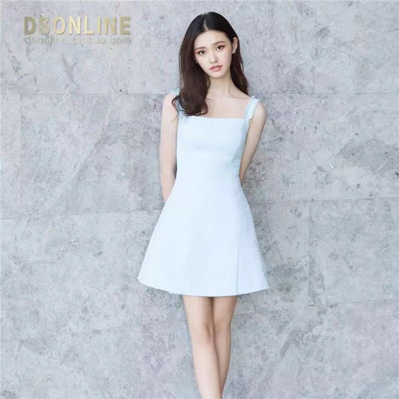 julia&julie官方授权2018夏季林允同款蓝色吊带收腰一字领连衣裙