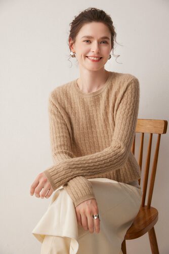 k603 100%纯山羊绒衫女圆领扭花套头秋冬宽松打底衫长袖毛衣定制