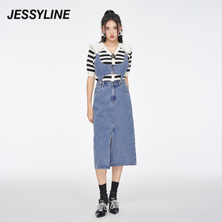 杰茜莱时尚百搭中长款牛仔半身裙女春秋季新款背带裙子 jessyline