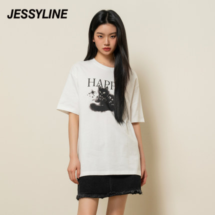 jessyline杰茜莱白色字母猫咪宽松T恤女2024春夏新款纯棉百搭上衣