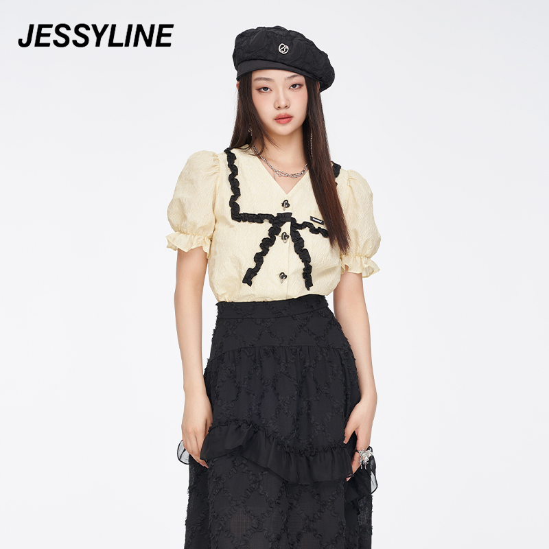 jessyline夏季专柜新款女装杰茜莱v领泡泡袖短款衬衣 321202198-封面