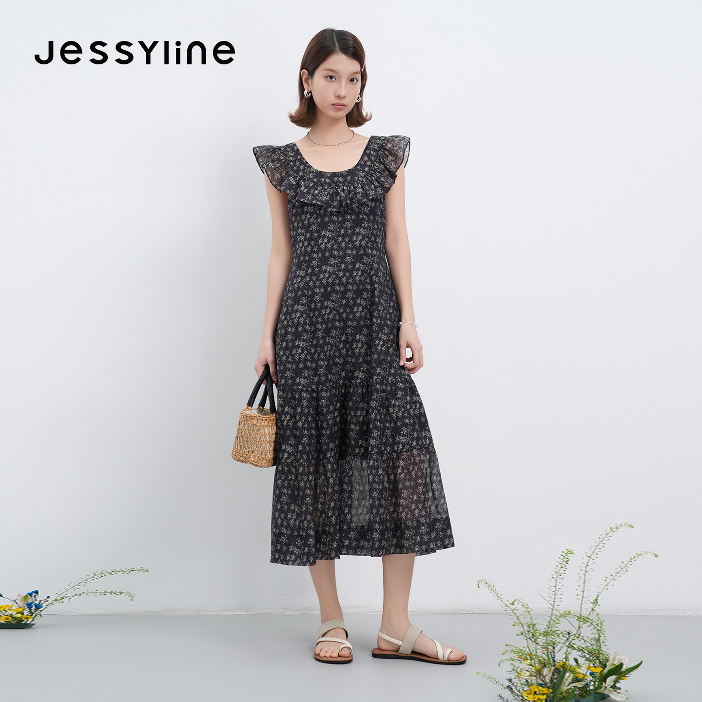 jessyline2026夏季专柜新款 杰茜莱碎花优雅雪纺连衣裙 622111128