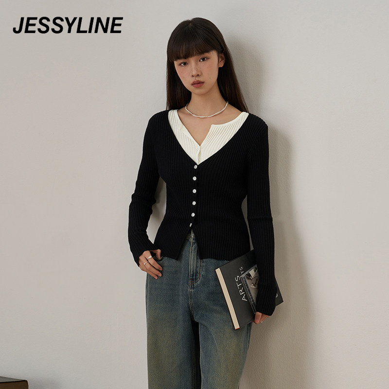 jessyline杰茜莱26新款撞色假两件针织开衫女秋修身显瘦毛衣外套