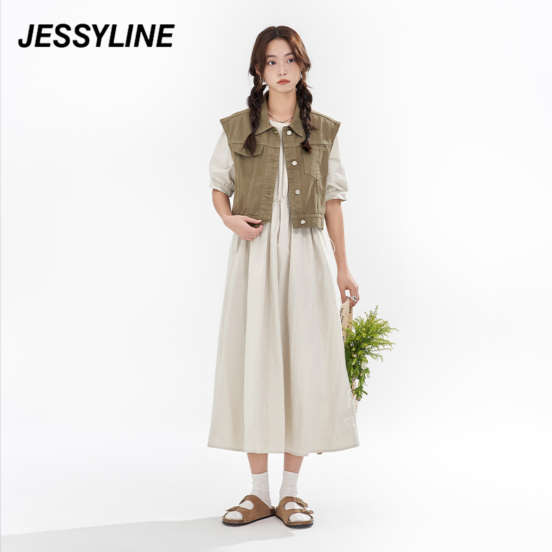 jessyline2024春季专柜新款 杰茜莱纯色中长款连衣裙子 413111199