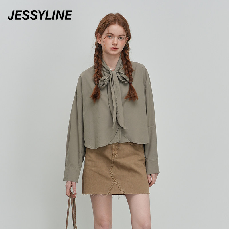 jessyline绝美春装新款 杰茜莱时尚百搭军绿色短款休闲衬衫女上衣