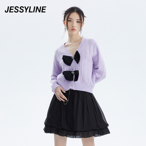 2折特卖款 jessyline女装秋装专柜新品 杰茜莱v领蝴蝶结针织开衫