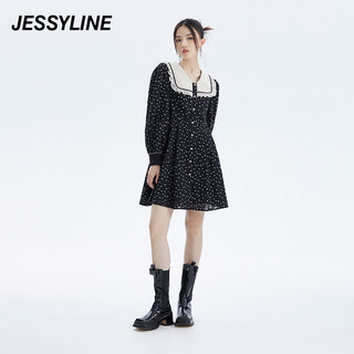 2折特卖款 jessyline女装秋季专柜新品 杰茜莱黑色娃娃领连衣裙女