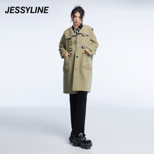 专柜新品 2折特卖款 冬季 jessyline女装 杰茜莱绿色羊毛呢大衣外套