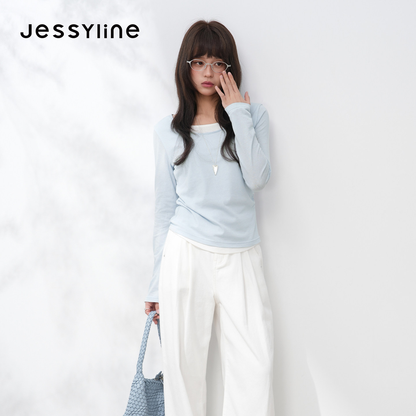 jessyline杰茜莱2026春季新款时尚百搭浅蓝色假两件T恤女休闲上衣