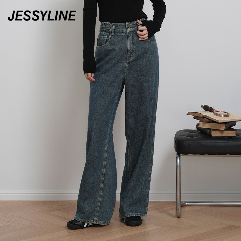 jessyline杰茜莱26新款蓝色宽松显瘦阔腿牛仔裤女秋百搭休闲长裤