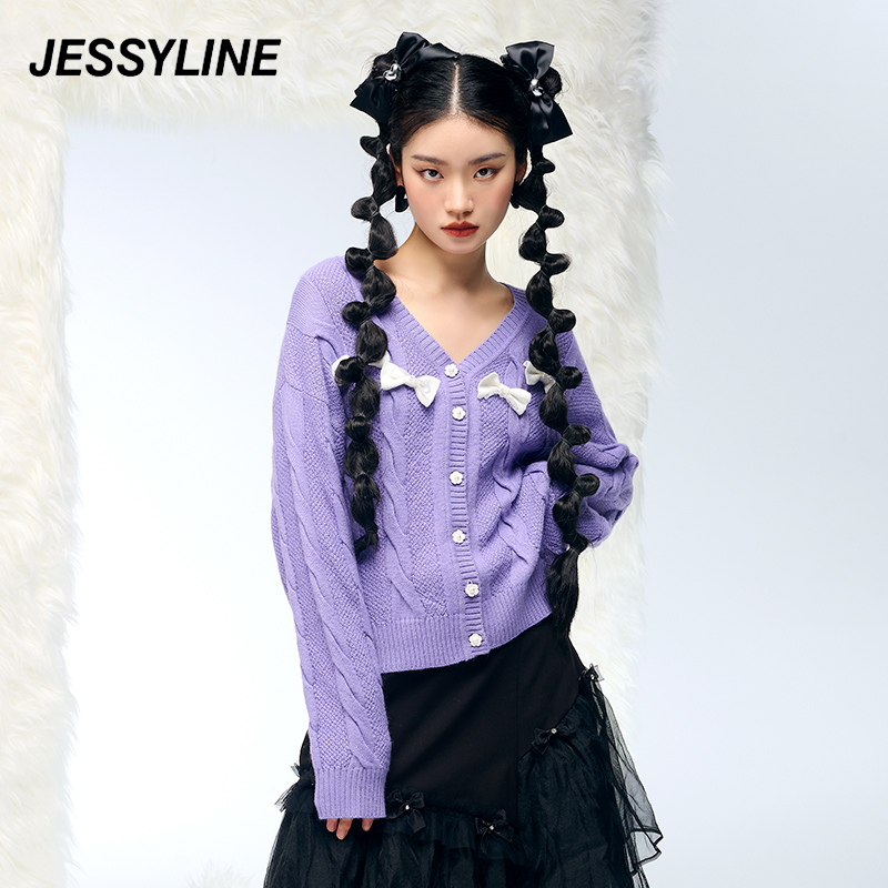 2折特卖款 杰茜莱时尚纯色蝴蝶结拼接v领针织开衫毛衣 jessyline