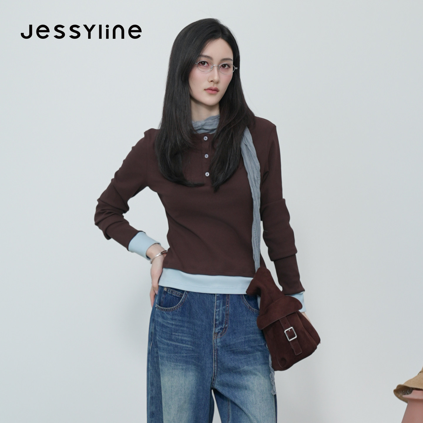 jessyline杰茜莱2026秋新款假两件显瘦长袖T恤女撞色拼接百搭上衣