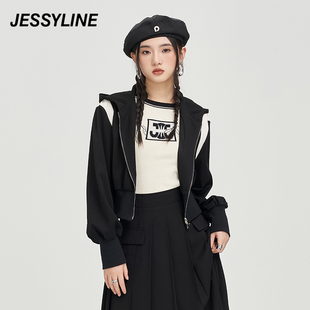 小外套 jessyline秋季 杰茜莱黑色连帽短款 女装 331107019 专柜新款