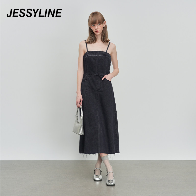 jessyline绝美春夏季新款 杰茜莱黑色收腰显瘦长款吊带牛仔连衣裙