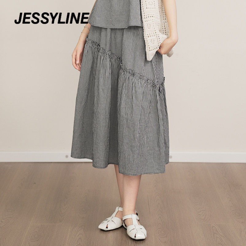 jessyline杰茜莱春夏新中长款格子百搭显瘦小个子高腰a字半身裙女