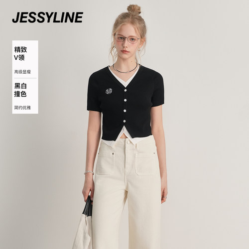 杰茜莱新款黑色修身v领短袖开衫