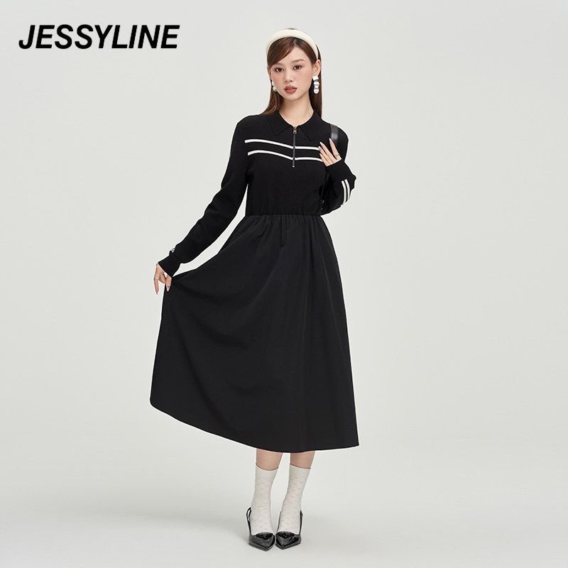 2折特卖款 jessyline杰茜莱秋冬季女装黑色显瘦减龄高级感连衣裙