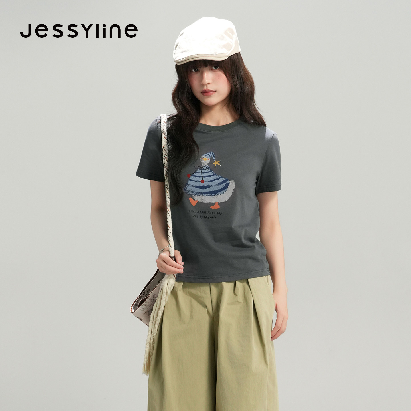 jessyline杰茜莱2026夏季新款灰色卡通字母纯棉短袖T恤女百搭上衣