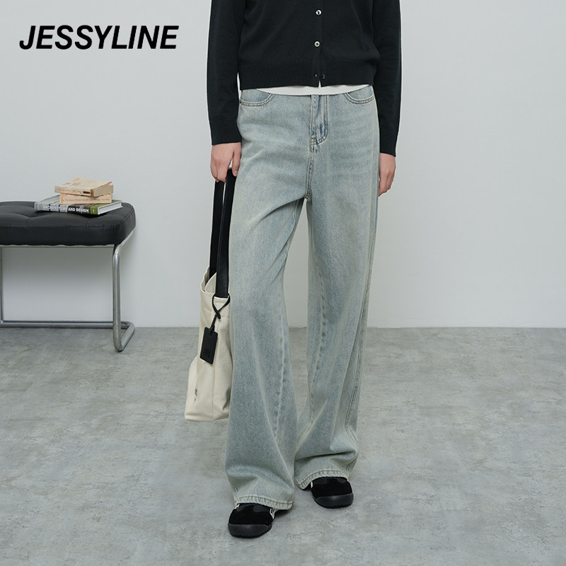 jessyline春秋季新款 杰茜莱蓝色百搭宽松显瘦阔腿牛仔长裤子女潮