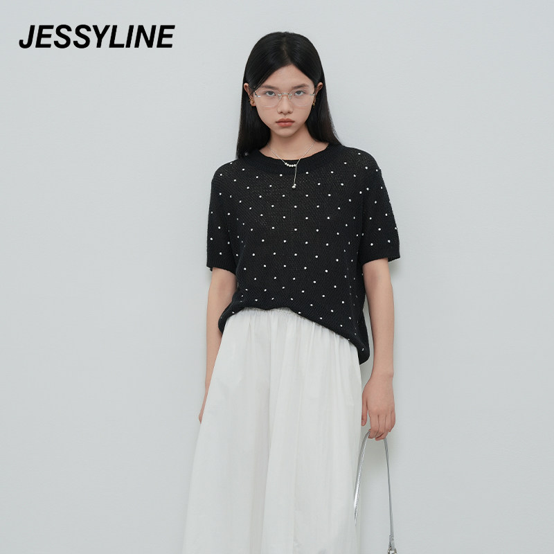 jessyline春夏季新款 杰茜莱时尚减龄波点短袖针织衫女打底上衣潮