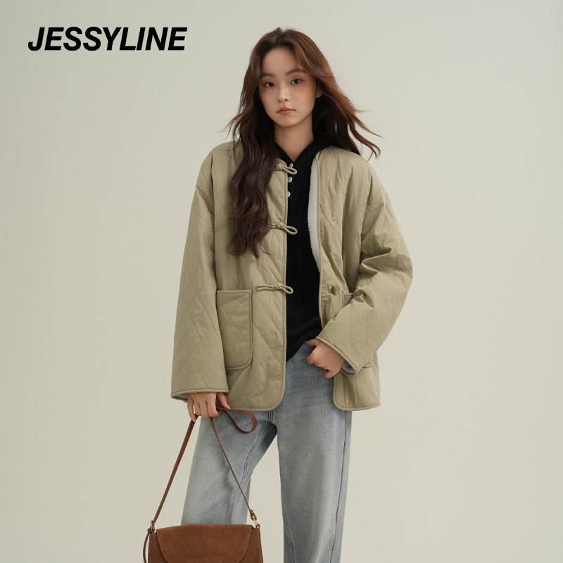 jessyline绝美冬季新款 杰茜莱复古新中式军绿色轻薄棉衣外套女潮